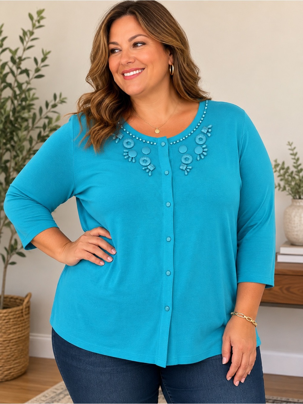 Rafaella Turquoise blue gorgeous embellished 100% cotton Cardigan size 1X NWT